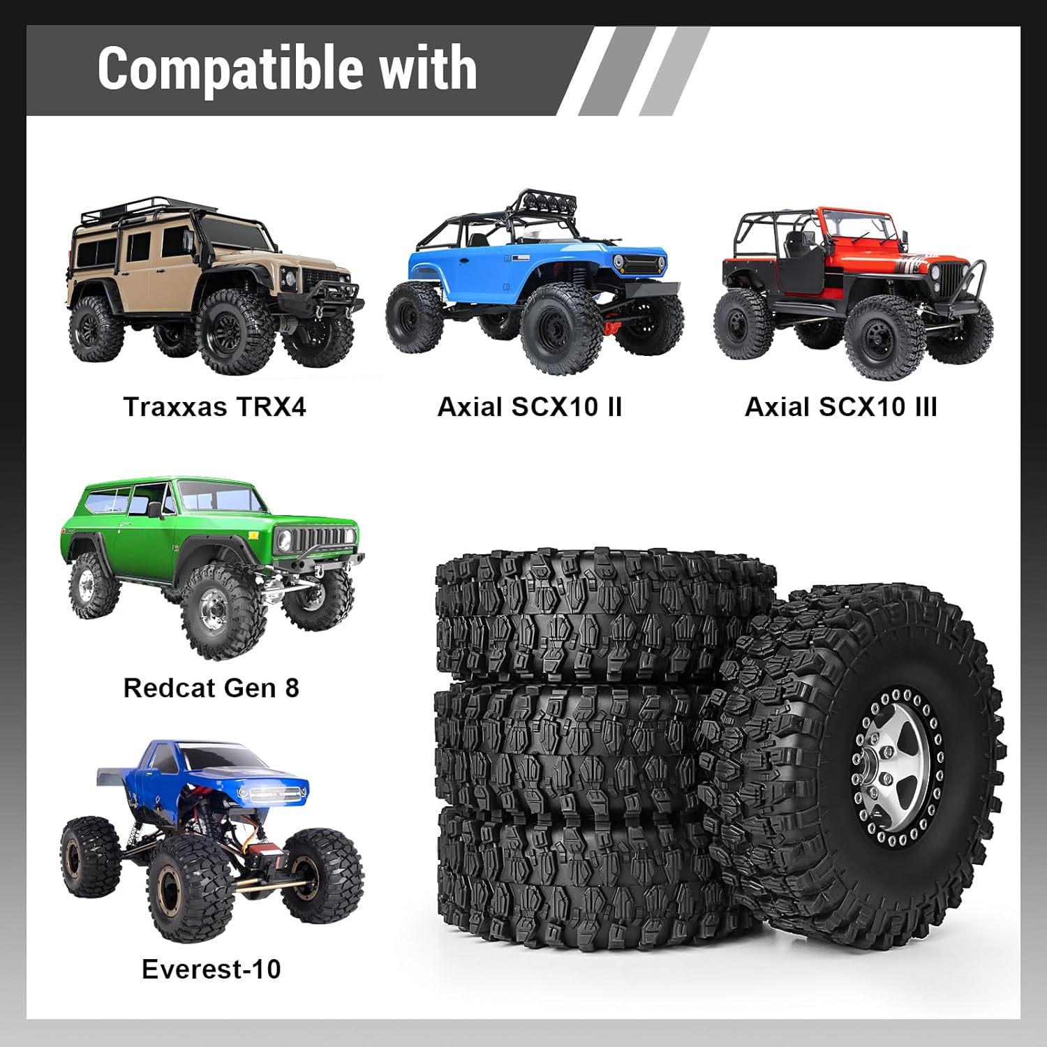 1/10 Scale RC Crawler 1.9 Aluminum Beadlock Wheels and Tires 4.72" 120mm Height Soft Great Grip for Traxxas TRX4 Axial SCX10 II III Redcat Gen 8 Rocks Mud (Style D)