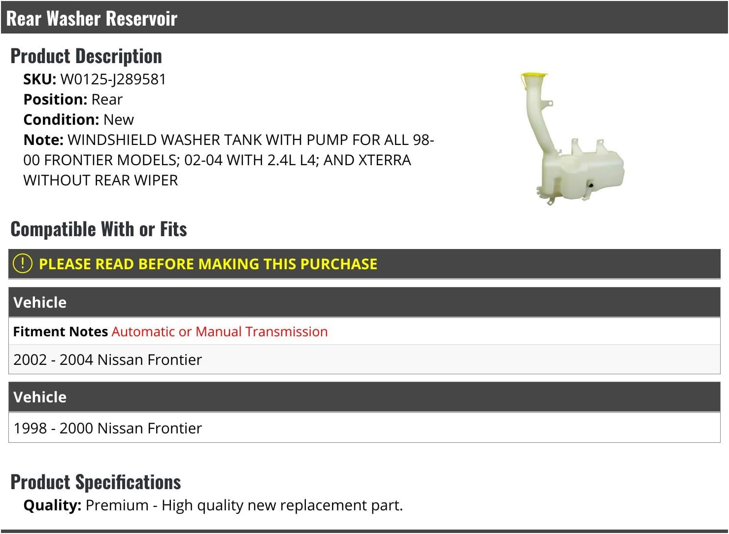 Rear Windshield Washer Fluid Reservoir Tank – Compatible with 1998-2000, 2002-2004 Nissan Frontier (2002-2004 with 2.4L L4)