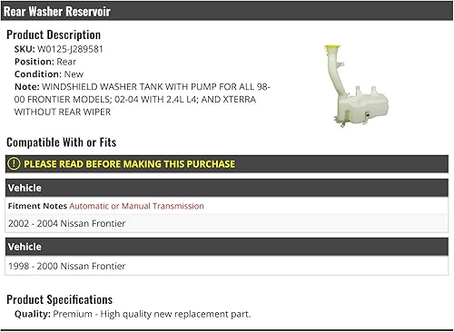 Depósito de depósito de líquido para limpiaparabrisas trasero, compatible con Nissan Frontier 1998-2000, 2002-2004 (2002-2004 con 2.4L L4)