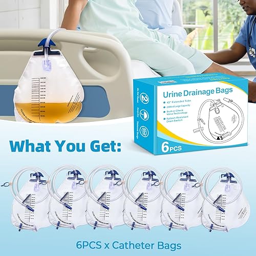 Miniatura 9 de Bolsas de drenaje urinario 2000ML con 6 piezas, bolsas de catéter con válvula antirreflujo, bolsas de orina con tubo de drenaje, clip y gancho para