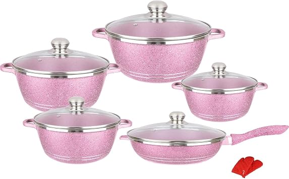 10 Piece Pots and Pans Sets, Nonstick Cookware Sets Cooking Pots and Pans with Glass Lids,Marble Coated Aluminium Home Kitchenware with Saucepans,Frying Pan,Stock PotPink