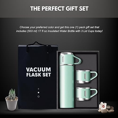 Miniatura 4 de Green Vacuum Flask Set  Botella de agua aislada con 3 tazas de regalo  Botella térmica para bebidas frías y calientes, botellas de agua