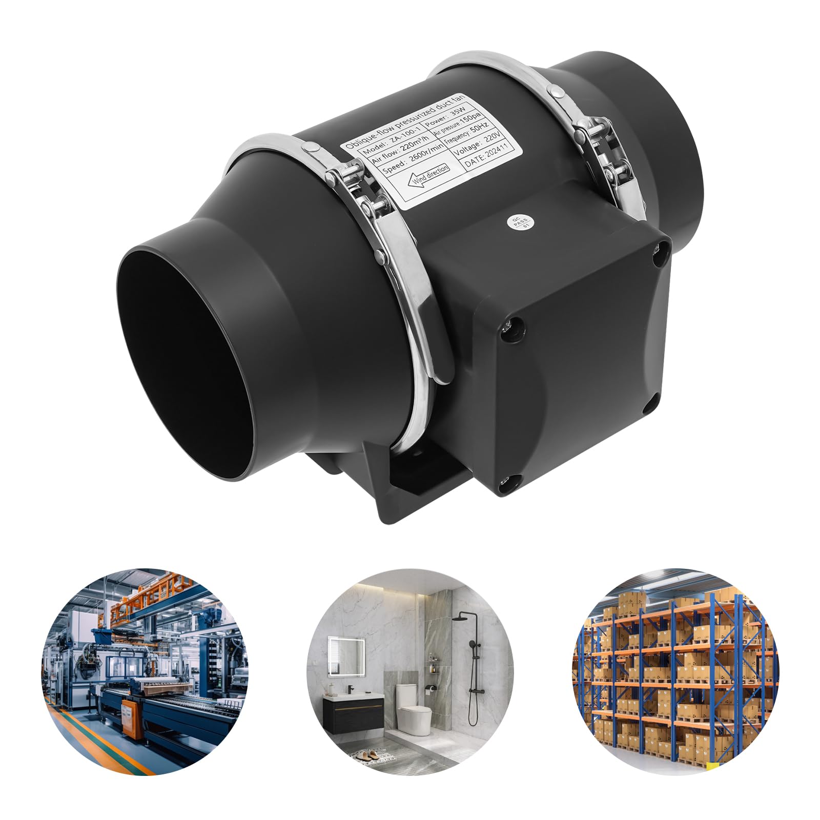 Ventola per condotta, 100 mm, 35 W, 220 m³/h, 2600 rpm, colore