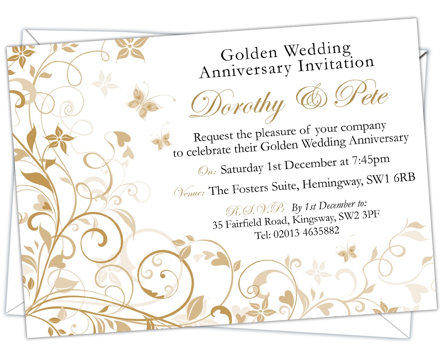 Personalised Golden Wedding 50th Anniversary Invitations (Design Code: GWA 004) (Pack of 80)