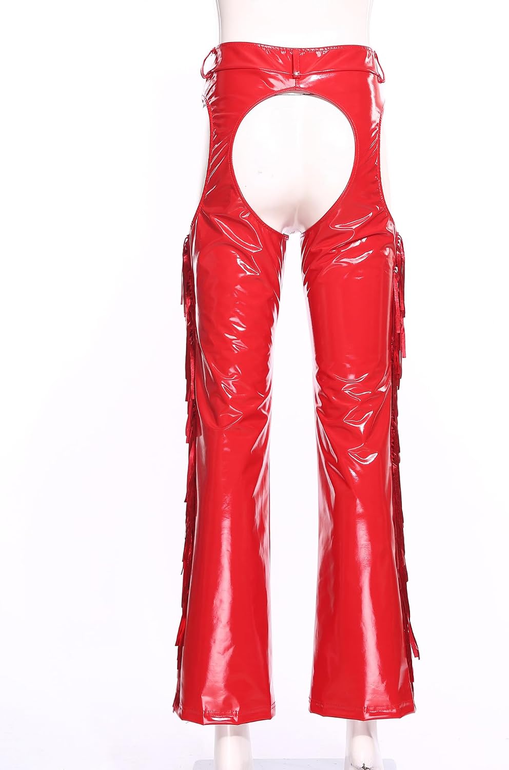 ranrann Adult Women Shiny Tassel Bottomless Trousers Cowgirl Chaps Patent Leather Wetlook Casual