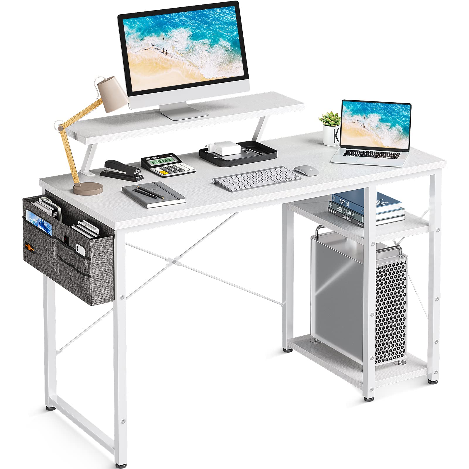 Photo 1 of ODK 40 Inch Computer Desk with Monitor Stand and Reversible 2-Tier Storage Shelves Home Office Desks, Work Study PC Office Desk for Small Spaces, White Desk with Shelves 40 inch White