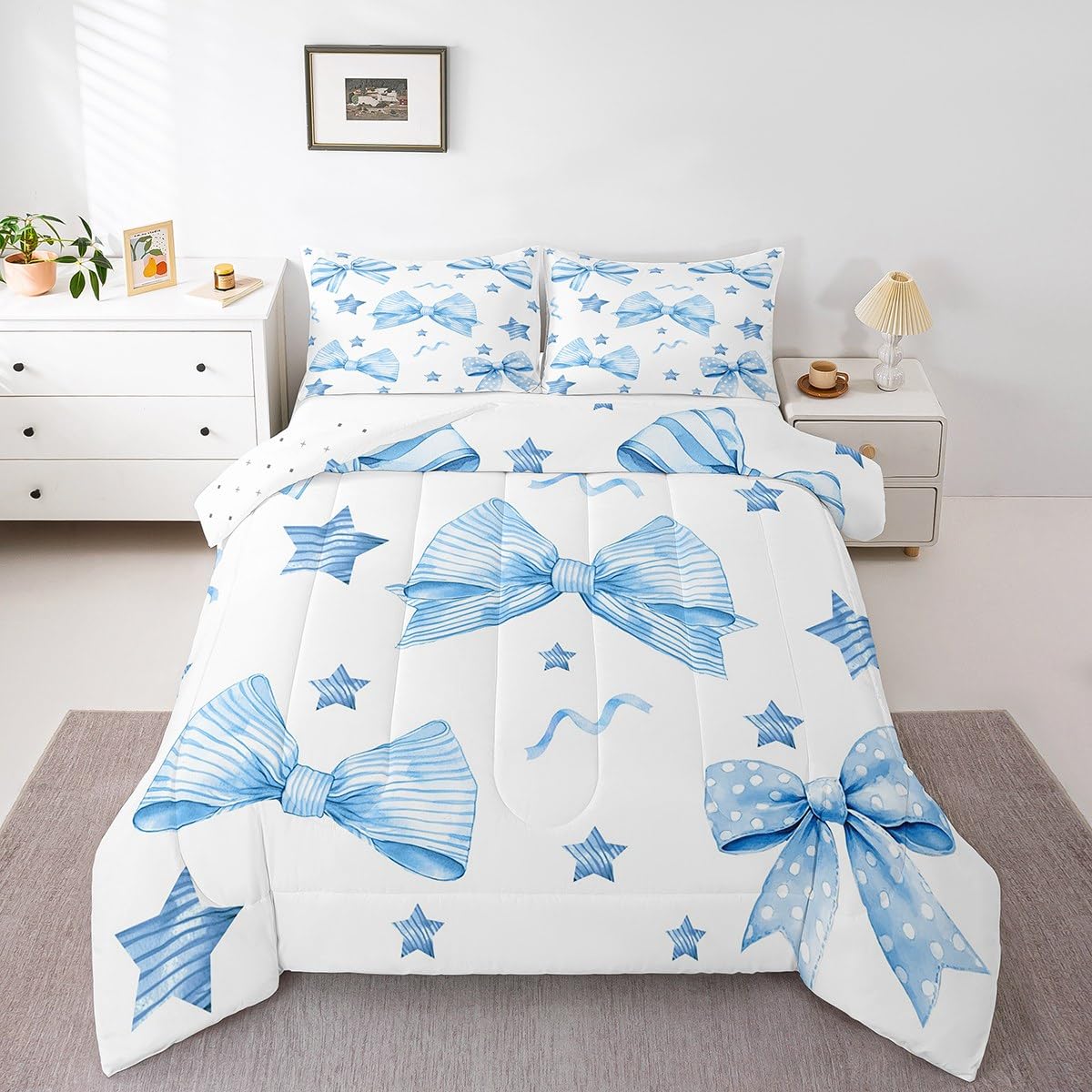 Erosebridal Cute Blue Bow Comforter Set for Girls,Kawaii Bows Bowknot Toddler Bedding Set Room Decor,Girly Princess Bowtie Bed Set Blue Stars Geometric Bedding Comforter Sets,1 Pillowcase
