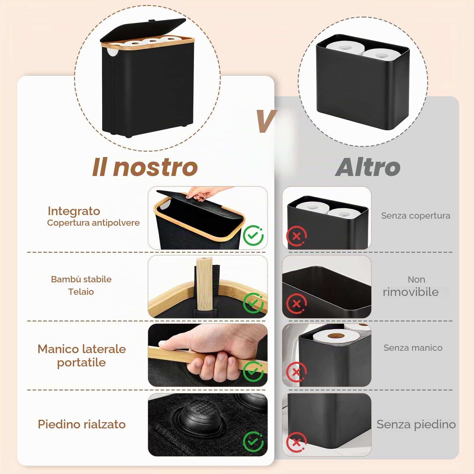 28L Cestino per Carta Igienica con Coperchio, Pieghevole Portaoggetti Contenitore Carta Igienica in Bambù per 9~12 Rotoli Carta, Porta Carta Igienica, Organizer da Bagno e Casa (Nero)