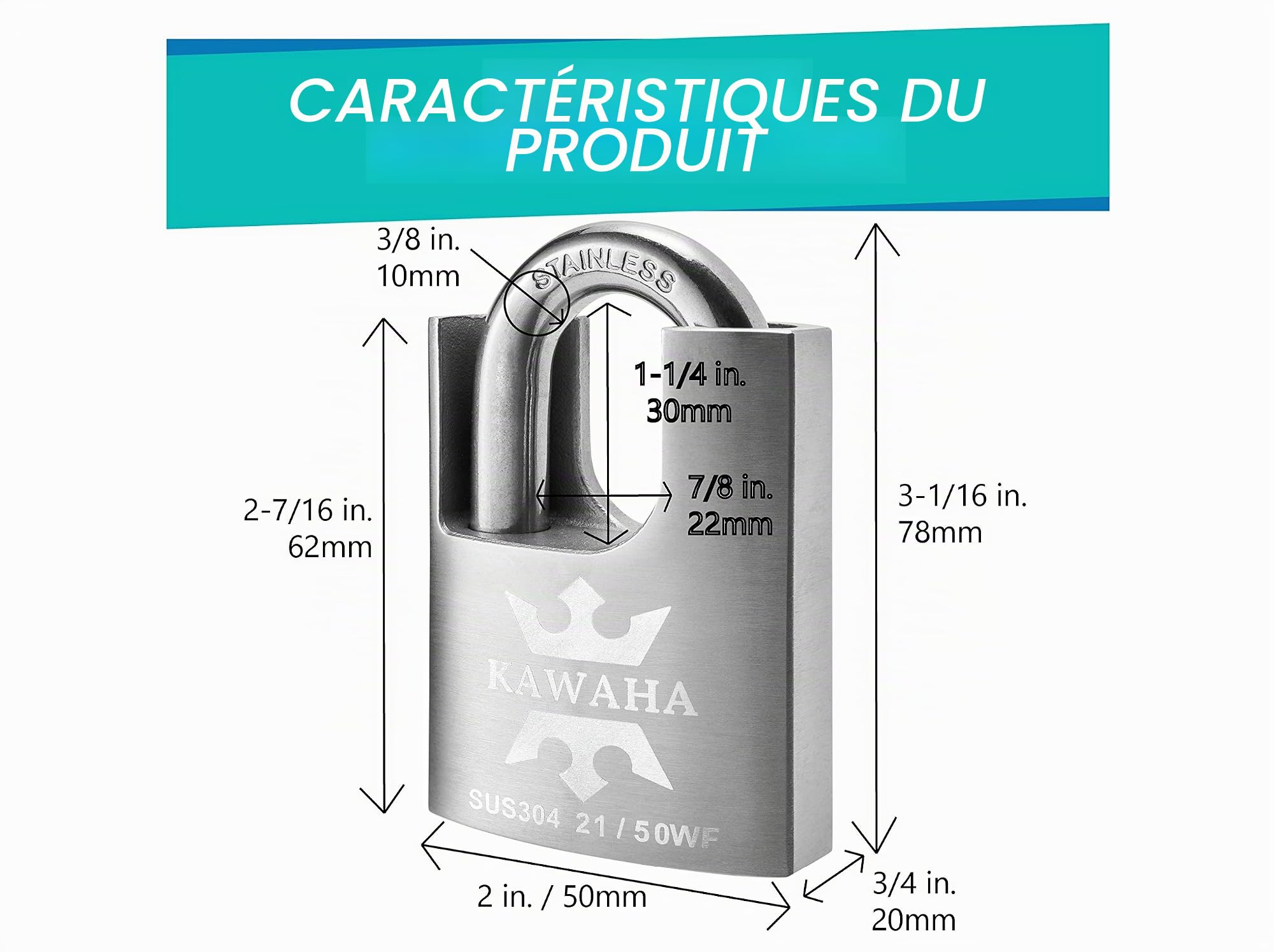 21/50-2PS Cadenas à haute sécurité en acier inoxydable avec enveloppe en acier inoxydable et clé en acier inoxydable pour usage intérieur et extérieur (utilisation intensive, antirouille) (50