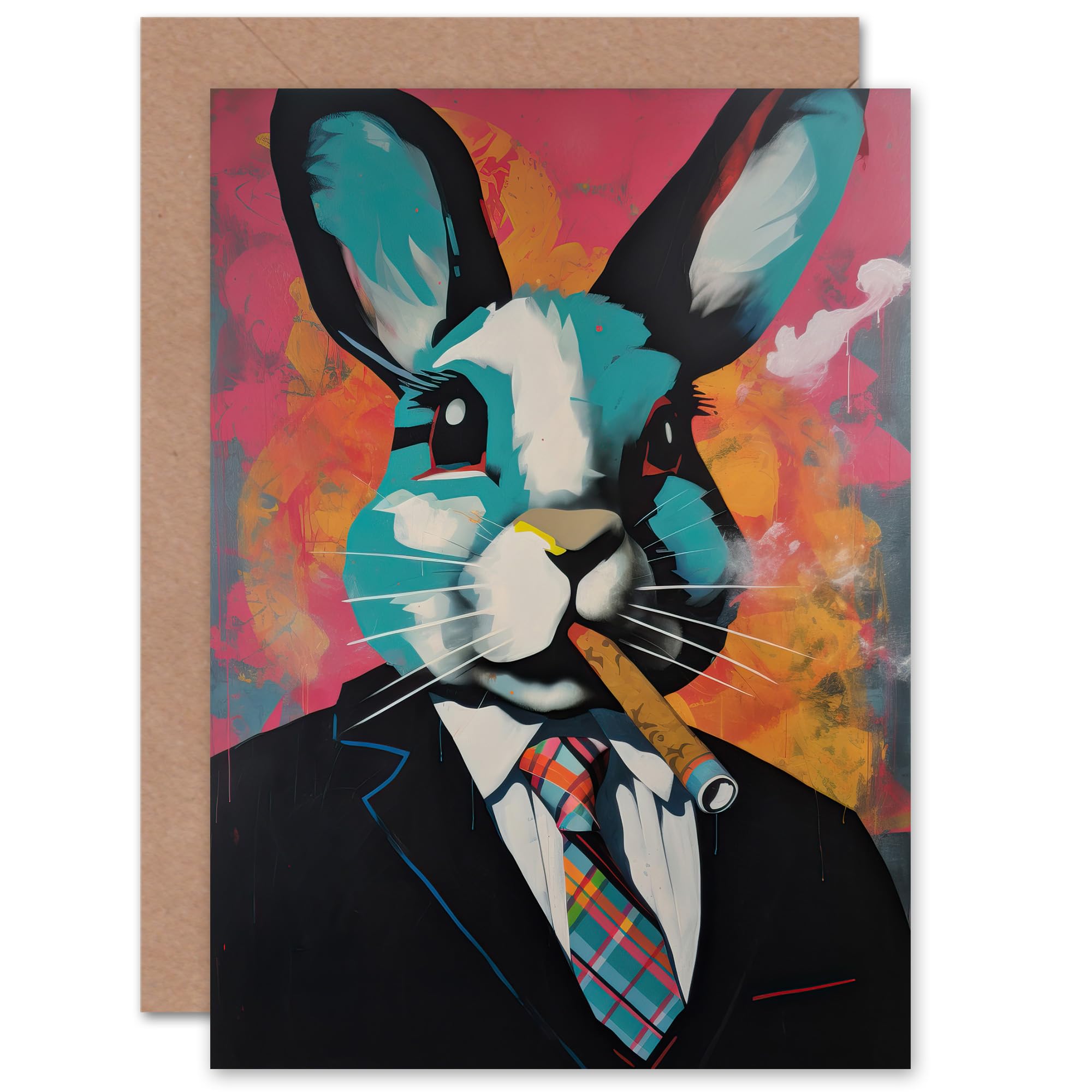 Artery8 Business Rabbit in Suit Modern Pop Art for Husband Him Dad Son Brother Birthday Thank You Congratulations Blank Art Greeting Card