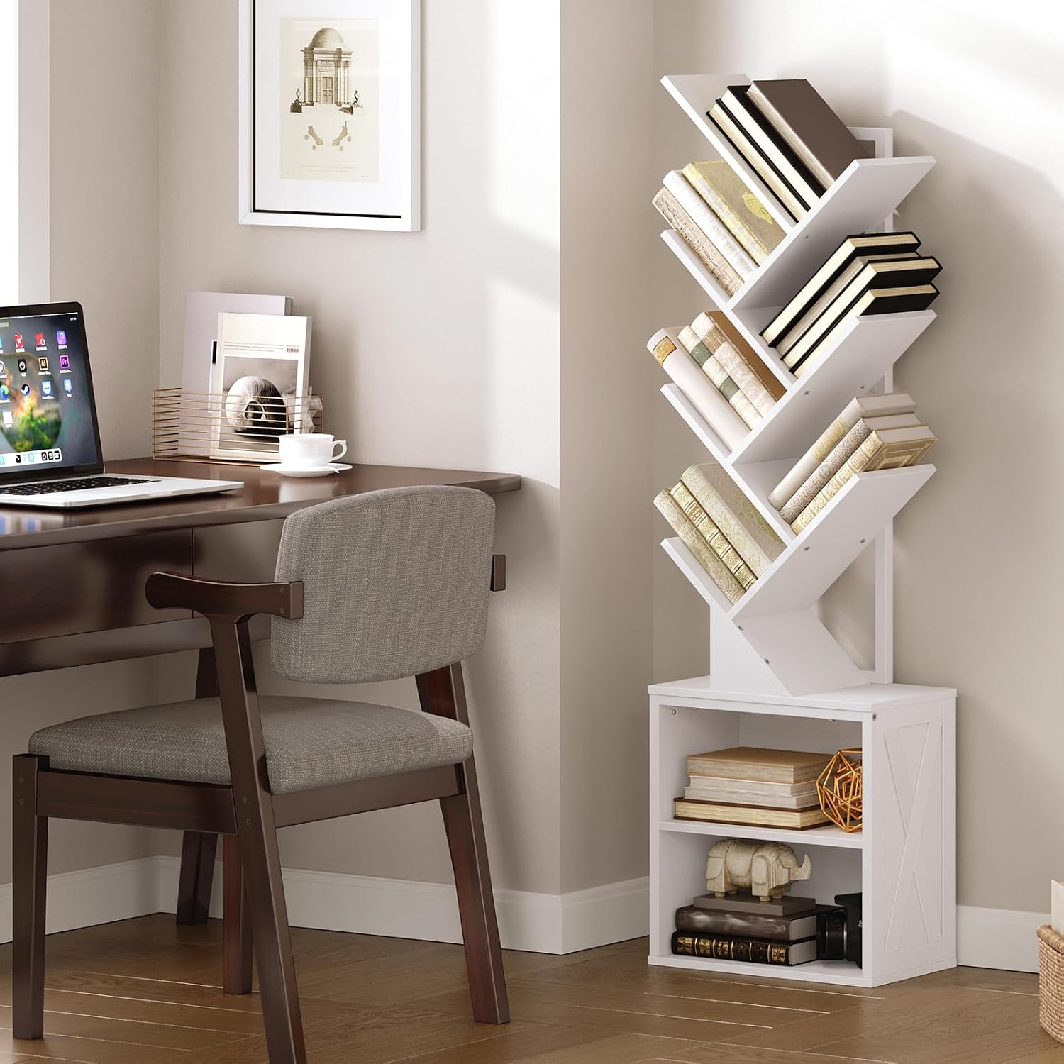 RALGEND Tree Bookshelf, 6 Tier Bookcase with 2 Storage Racks, Free Standing Wooden Bookcase, Floor Standing Book Shelf Organizer for Living Room, Bedroom, Study, Home Office, White 6701SJWT