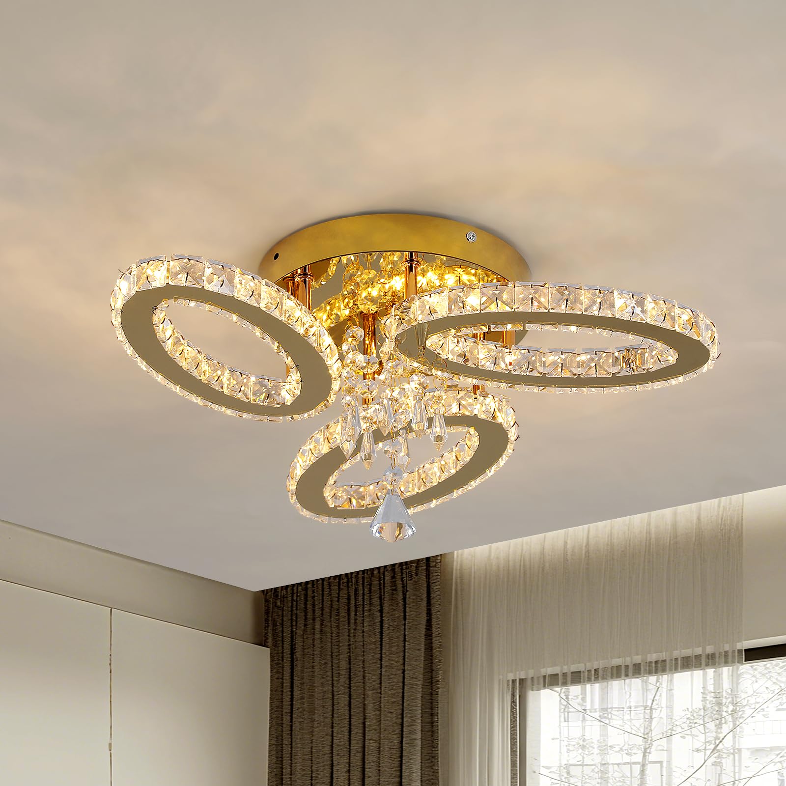 VETRULUS Modern Crystal Chandelier LED 3-Oval Gold Flush Mount Ceiling Light Fixture, Tri-Color Lighting for Bedroom, Kitchen, Dining Room, Hallway, Foyer