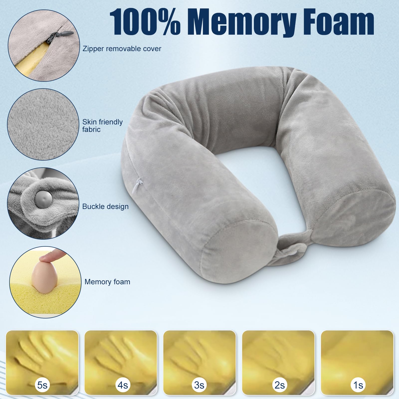 Oreiller De Voyage à Mémoire De Forme Gris - Coussin Avion Pliable, Idéal Voiture, Bureau Et Maison