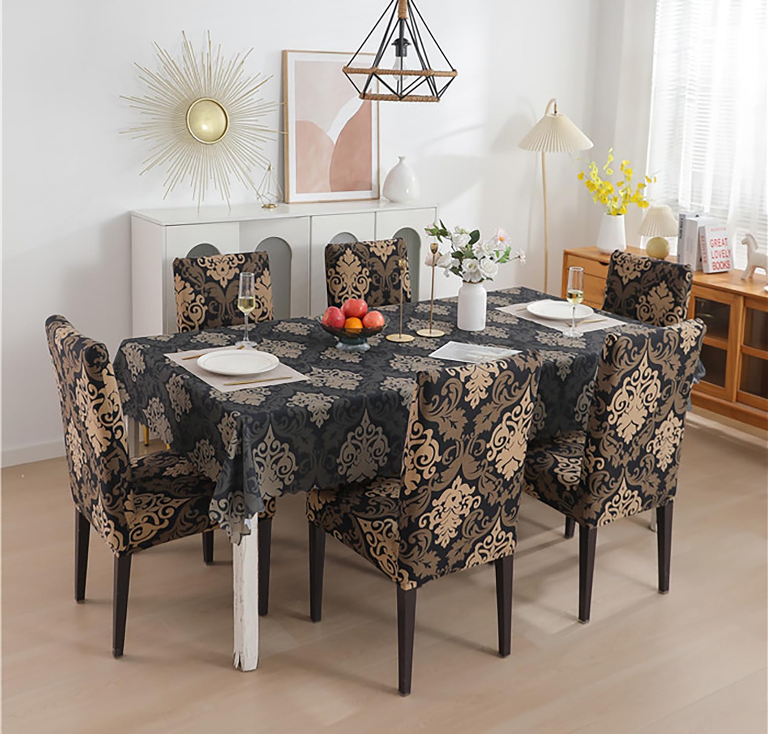 House of Quirk Polyvinyl Chloride (PVC) Dining Chair Cover with Rectangular Table Covers for Kitchen Waterproof Dining Table Cloth (Black/Brown Motif, 1 Table Cover + 6 Chair Cover)