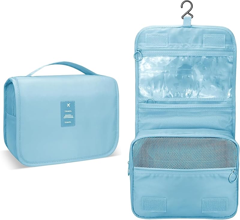 Necessaire suspensa para viagem Pmiuccd com gancho, compartimentos e zíper, azul Sky Blue