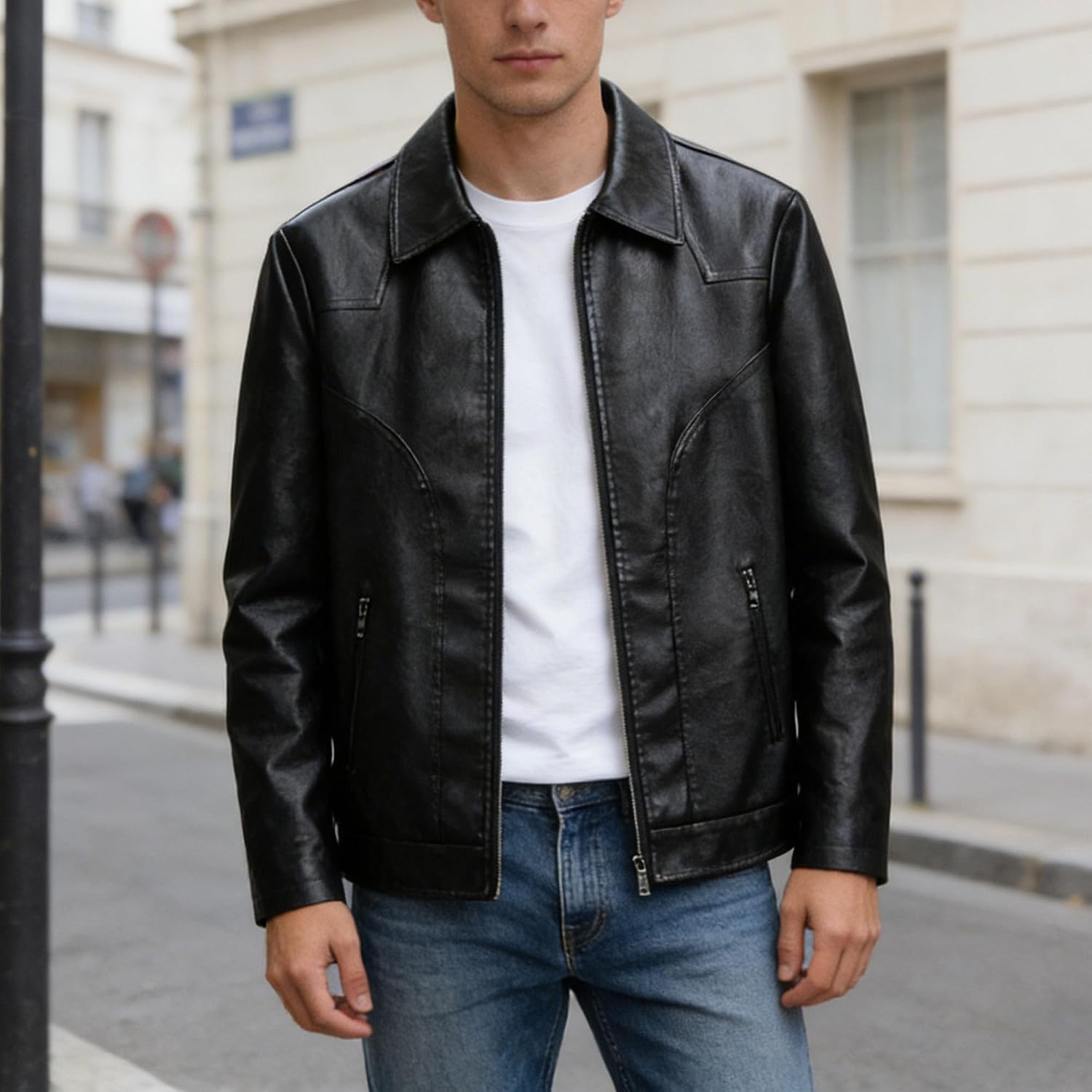 Maiyifu-GJ Men's Leather Jacket Casual Lightweight Motorcycle Jackets Vintage Lapel Zip-Up Slim Fit Biker Coat