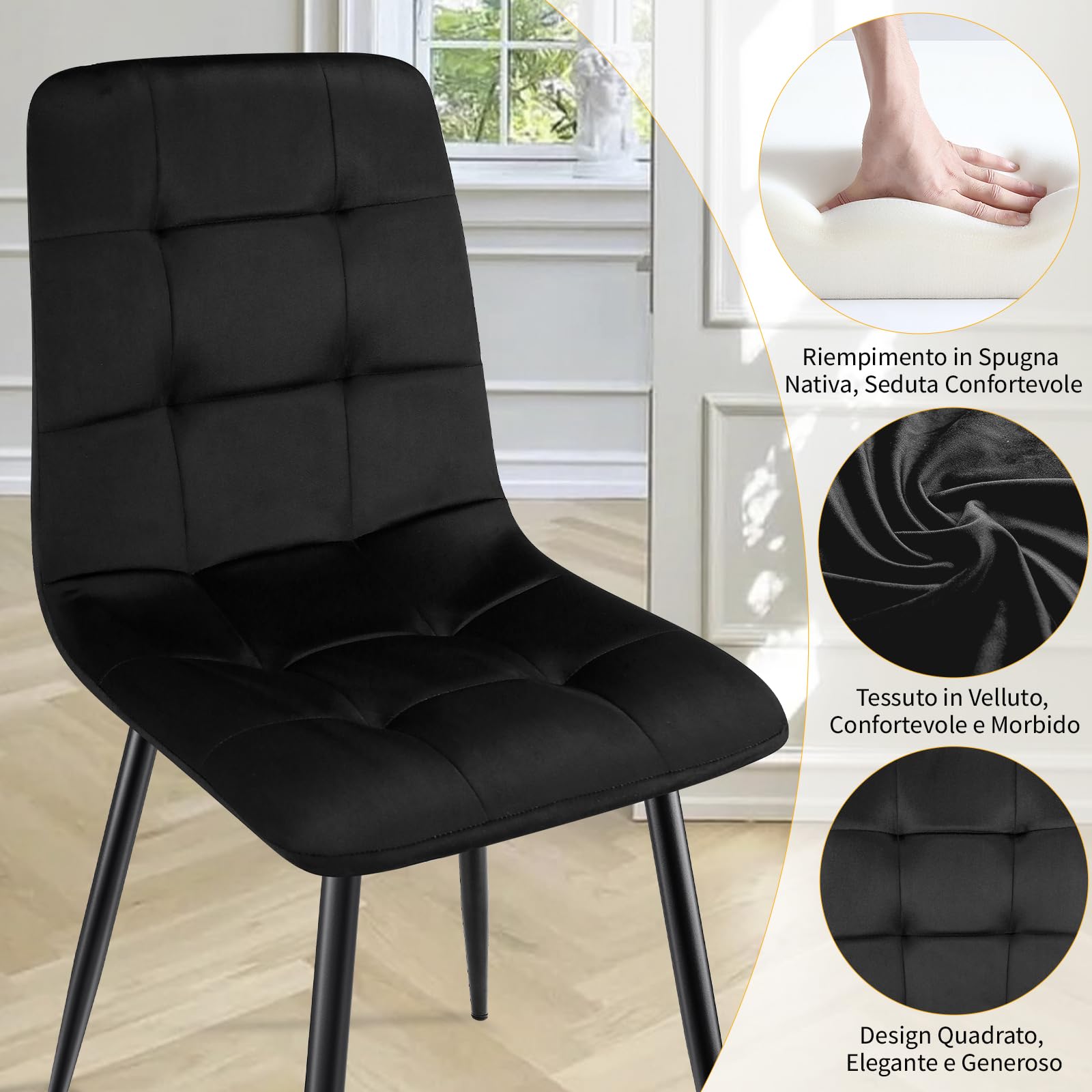 JIJIAN Set di 4 Sedie da Sala da Pranzo, Sedie da Cucina con Tessuto di Velluto e Gambe in Metallo Nero, Sedia Imbottita con Capacità di Carico di 120 kg, Nera