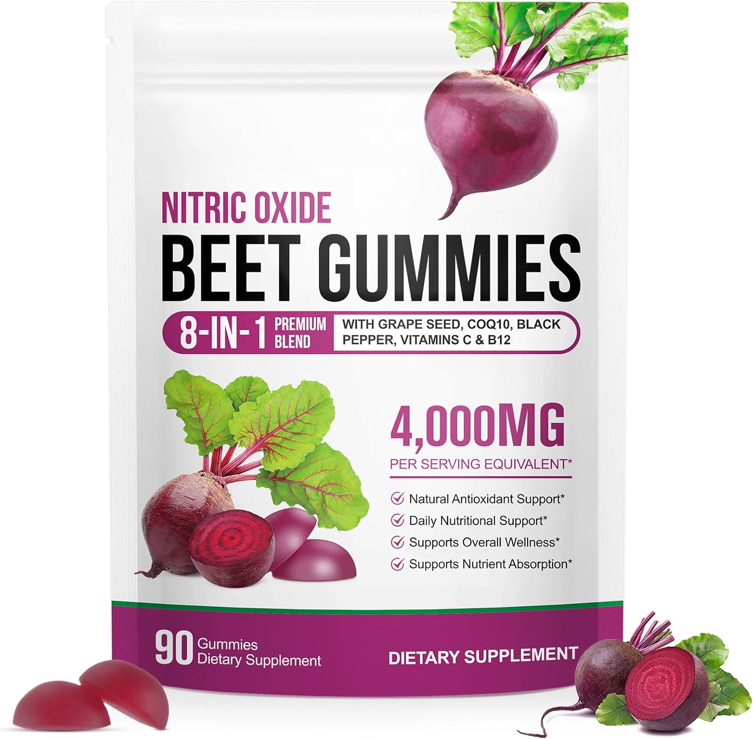 Beet Root Gummies for Blood Pressure, Heart Health Support, Energy Level Suport, Promoting Nitric Oxide, Enriched with 200mg CoQ10 & Beet Root Extract, Vitamin B12, C, Sugar-Free | 90 Chews