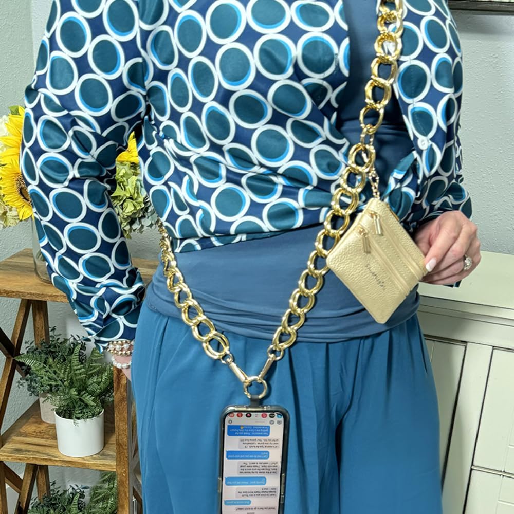 Save the Girls Clip and Go Double Link Chain (Gold - Gold Pouch) – Stylish Phone Lanyard Crossbody with Wallet for Women, Hands-Free Carrying and Adjustable Crossbody Chain Strap