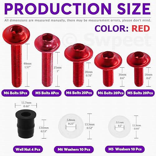 Miniatura 9 de Swpeet Kit surtido de pernos de carenado de motocicleta M5 M6, 177 unidades, 2 tamaños, tornillos para parabrisas de motocicleta, tornillos de