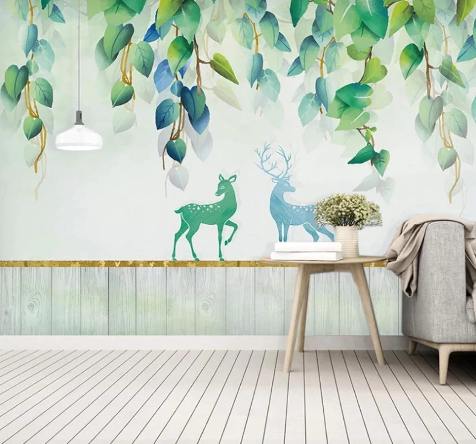 Fresh Hand Drawn Watercolour Green Leaves Moose 3D Wallpaper Easy Install Feature Office Living Room Sofa Bedroom TV Background Wall Decoration-200cm×140cm