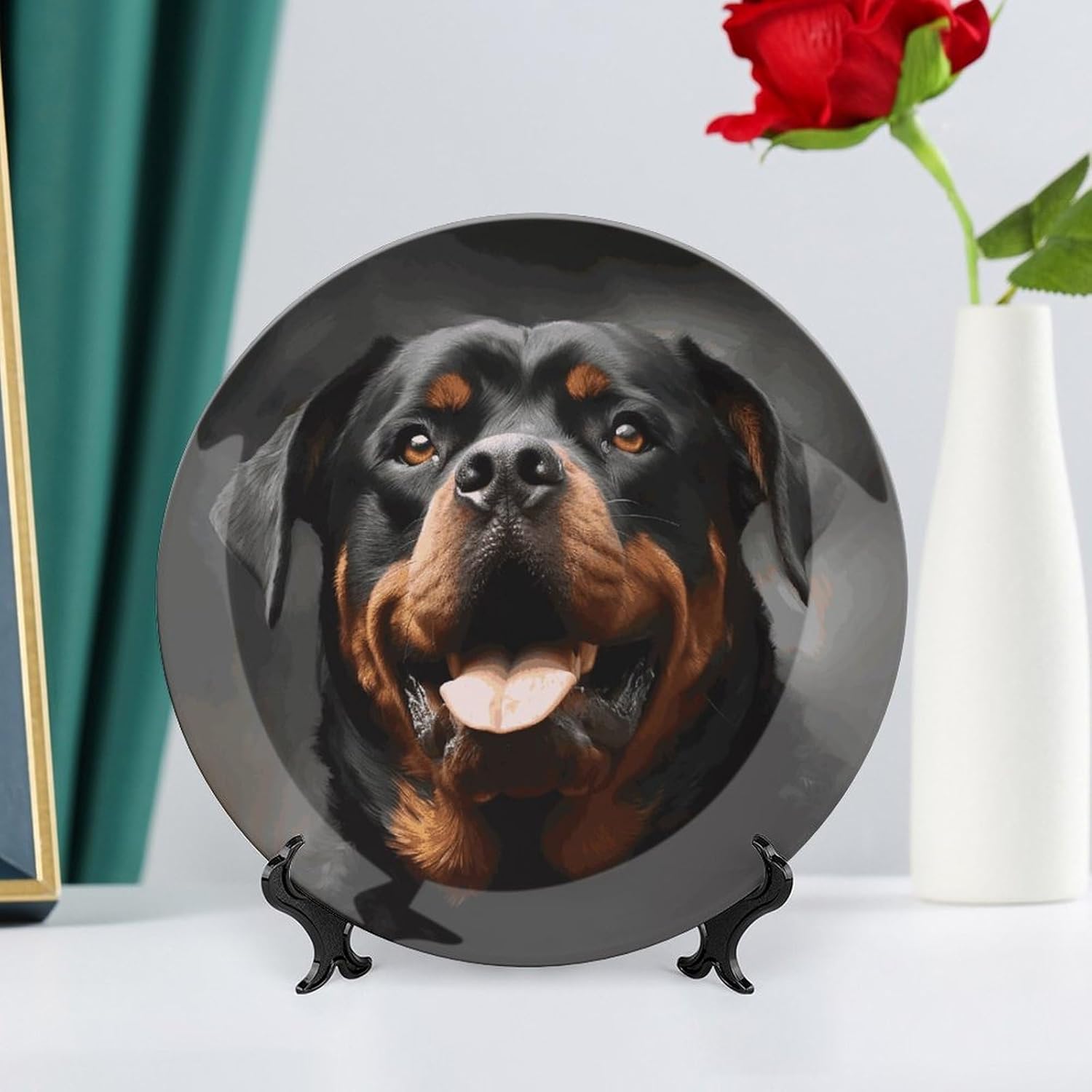 Personalized Cool Rottweiler Dog Art Printing Bone China Decorative Plate, Bone China with Stand, Porcelain Hanging, Dessert Plate, Wall Mounted Home Decor