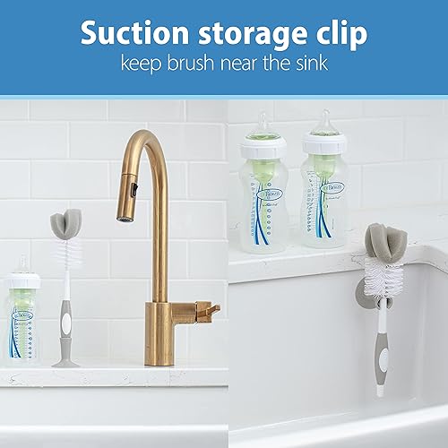 Miniatura 4 de Dr Browns Juego de cepillos de limpieza de biberones de esponja reutilizable con soporte de ventosa limpiador de pezones gris paquete de 3