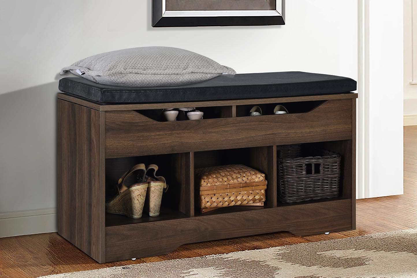 Amazon Basics Classic Shoe Bench with Lift-Top Compartment and 3 Storage Cubbies - Walnut