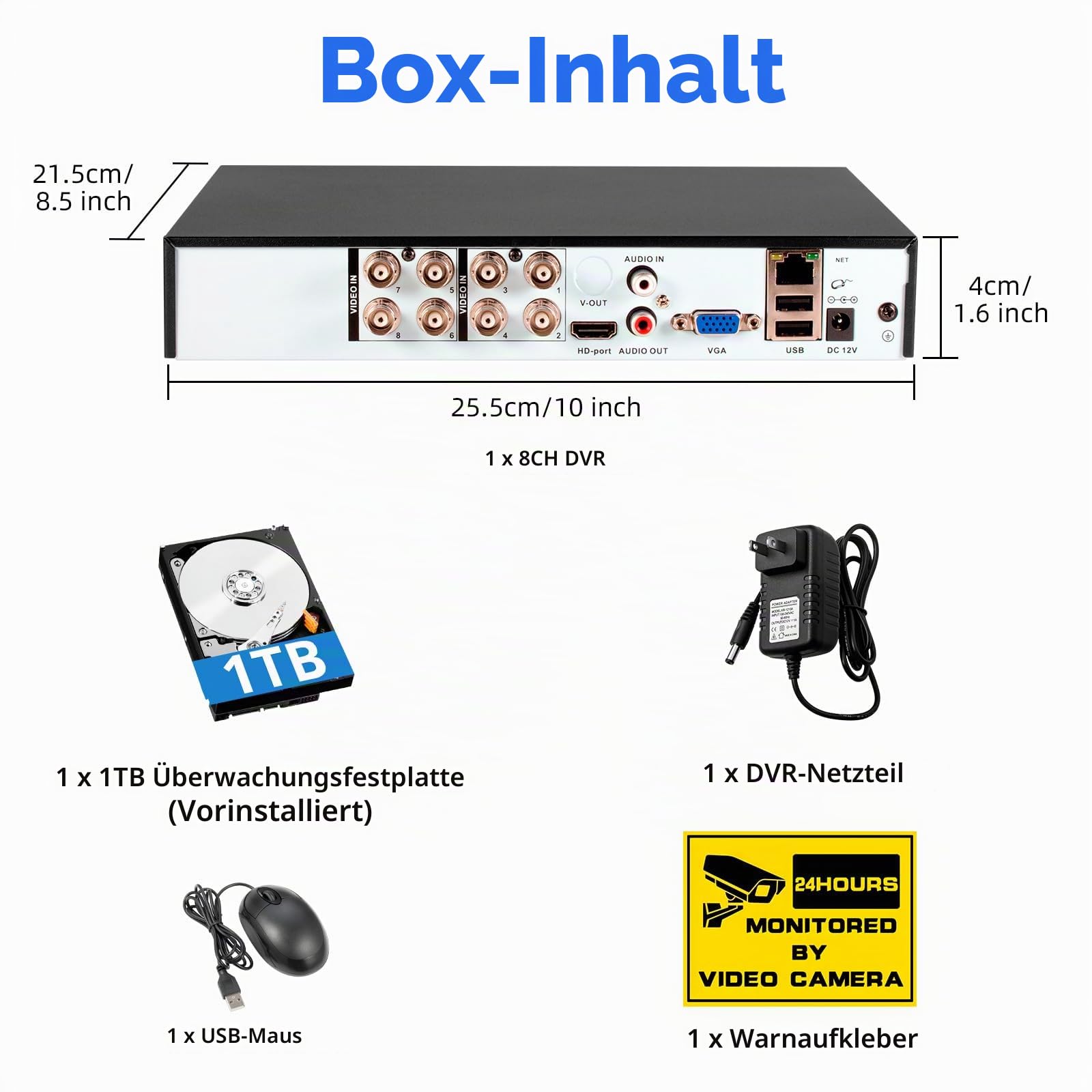 8-Kanal CCTV Überwachungs-DVR mit 2TB HDD, 8 Ch 5MP H.265+ DVR Video-Recorder für Analog XVI AHD TVI IP-Kameras, DVR für Sicherheitskamera-Überwachungssystem für Hause, Mobile APP & PC(P-System)