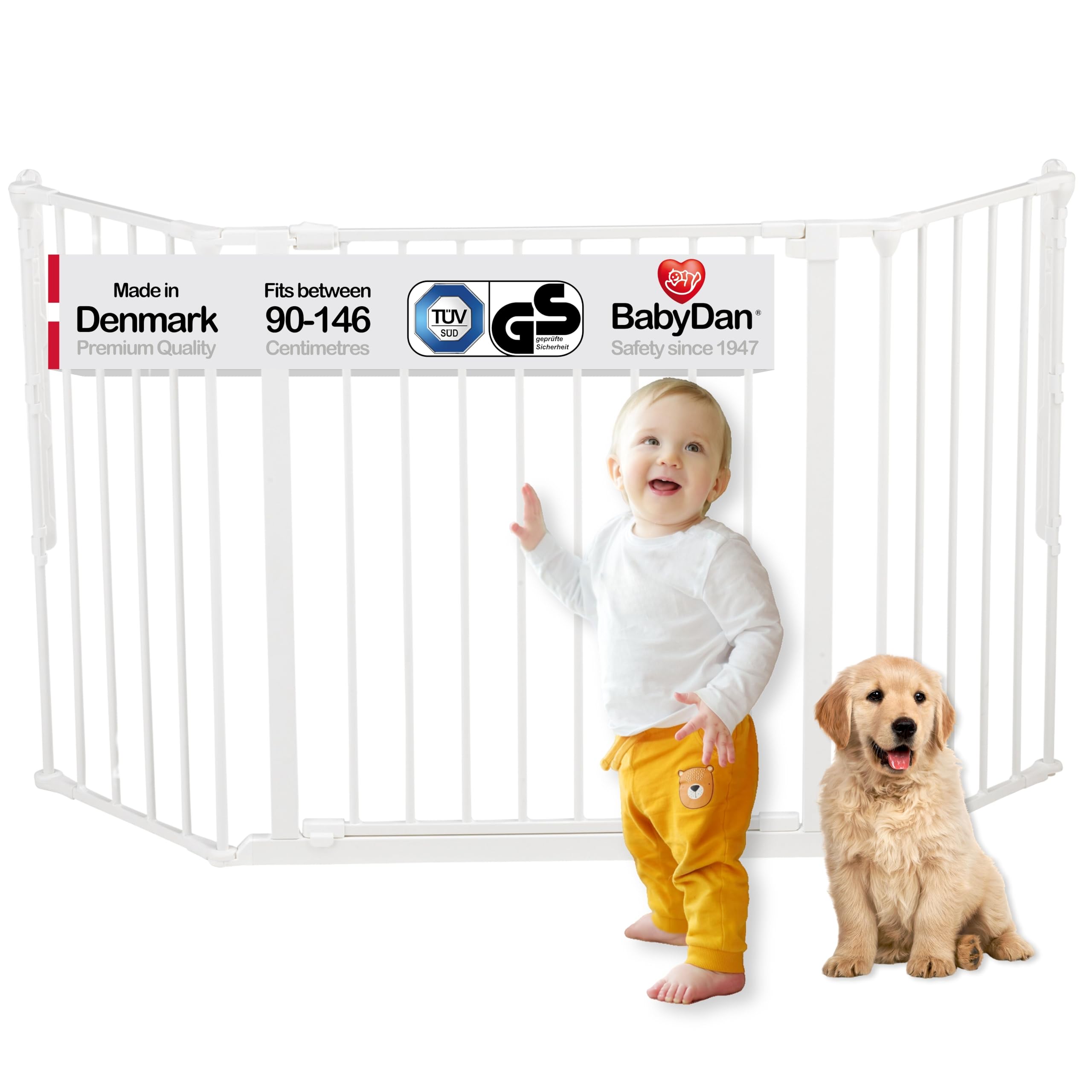 BabyDan Flex M, 90-146 cm, Treppenschutzgitter/Raumteiler, Weiß, Hergestellt in Dänemark - Schutzgitter/Sicherheitsgitter (Haustiergitter/Hundegitter/Hundelaufstall)