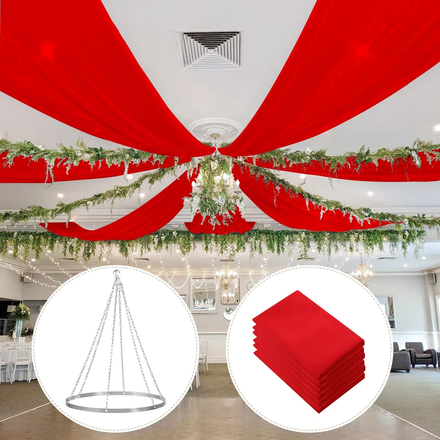 Red Ceiling Drapes 6 Panels 5x10ft with 12 Inch Ceiling Drapes Hanging Kit Silver Ceiling Drape Hoop Ring Kit Chiffon Ceiling Fabric Draping Fabric for Wedding Party Ceremony Decorations