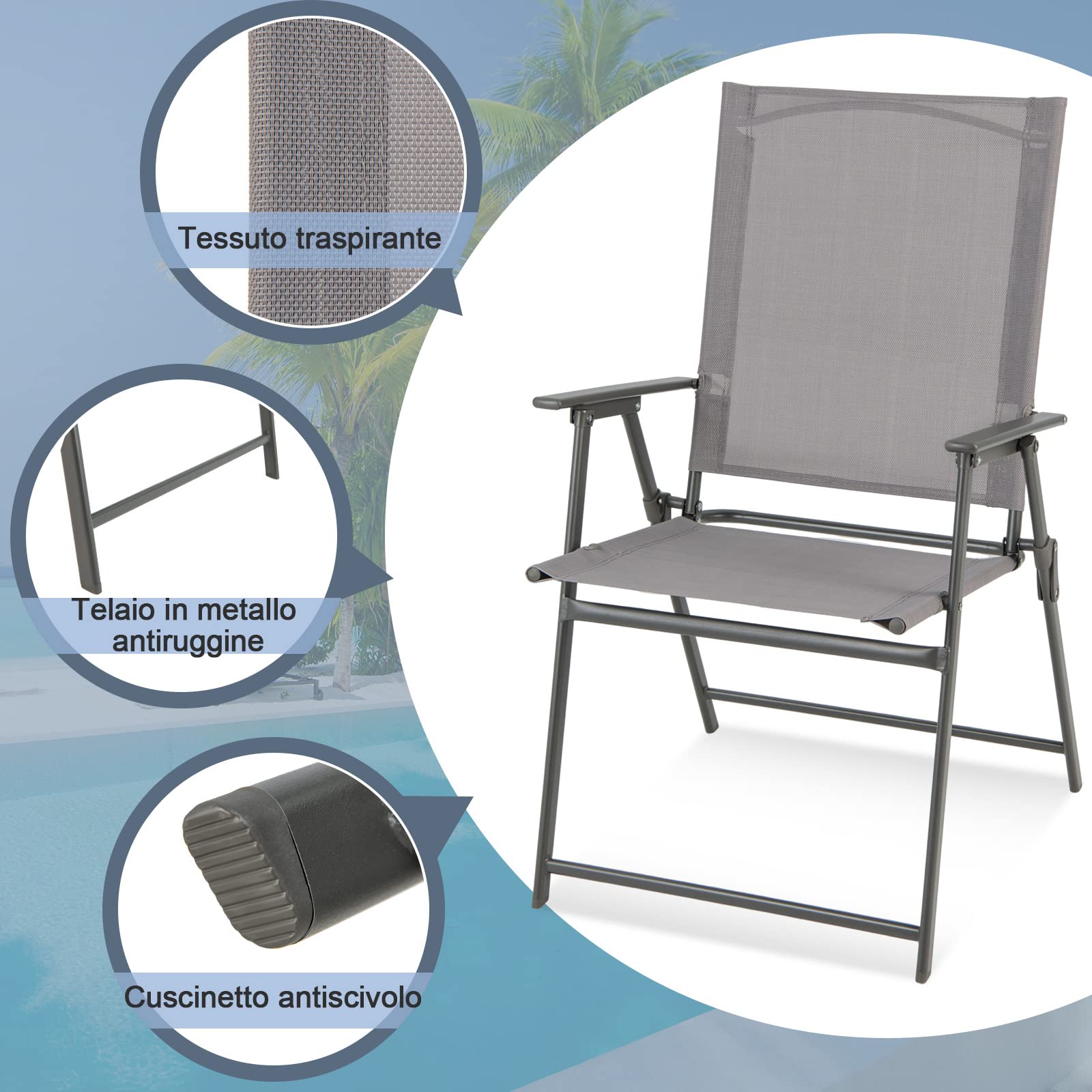 GYMAX Set di 2/4 Sedie da Giardino in Tessuto con Struttura Metallica, Sedie Pieghevoli con Schienale Alto e Braccioli, Sedia da Campeggio, Adatta per Giardino, Terrazza e Balcone (4, Grigio)