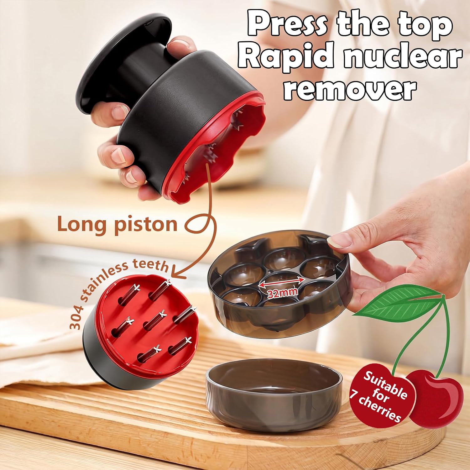 Cherry Pitter Tool 7-in-1 Stainless Steel Cherry Pitter with Splatter Guard, Easy Push Button Cherry Pitter Tool for Cherries Olives and Fruits, Food Grade Cherry Seed Remover