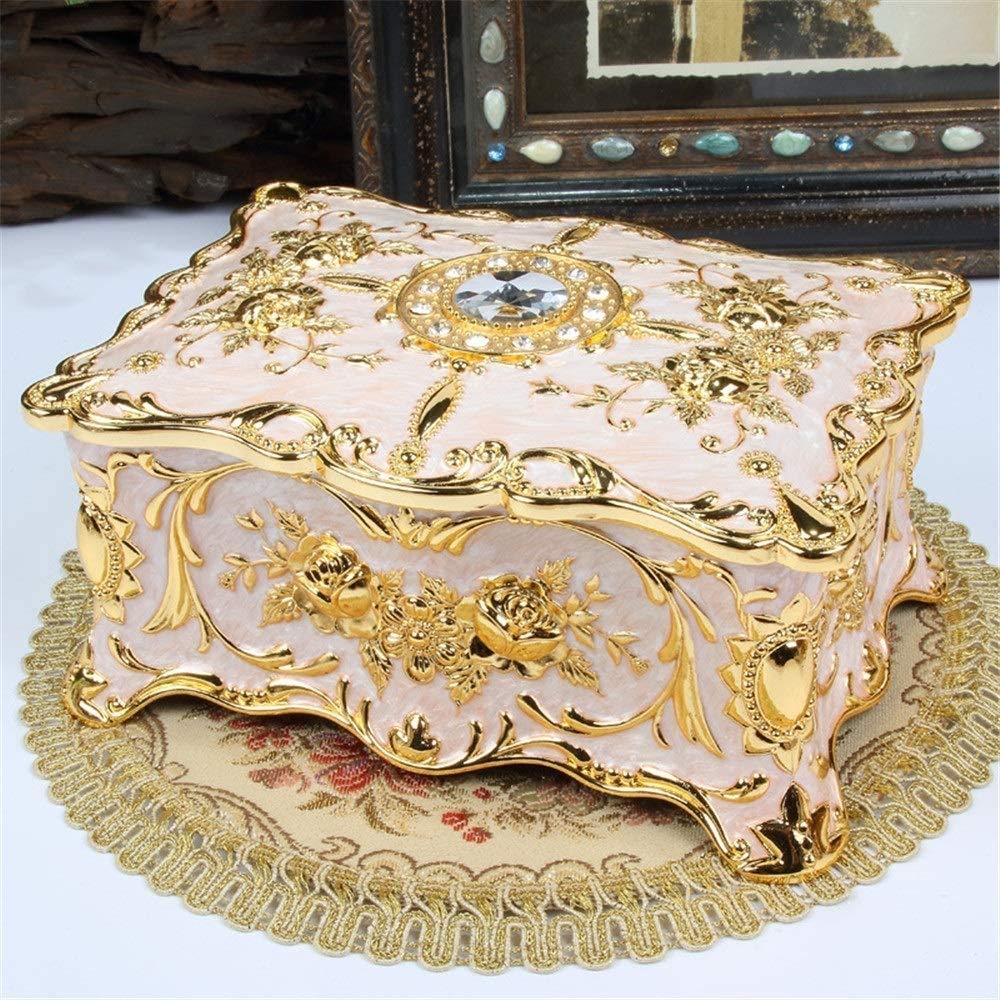 Vintage Gioielli Trinket Box Rettangolo Box Metallico Floreale Earring Earring Anello Cassa Cassa Collana Organzier Scatola di Storage Box Brithday Regalo, Rosa (Color : Gold)