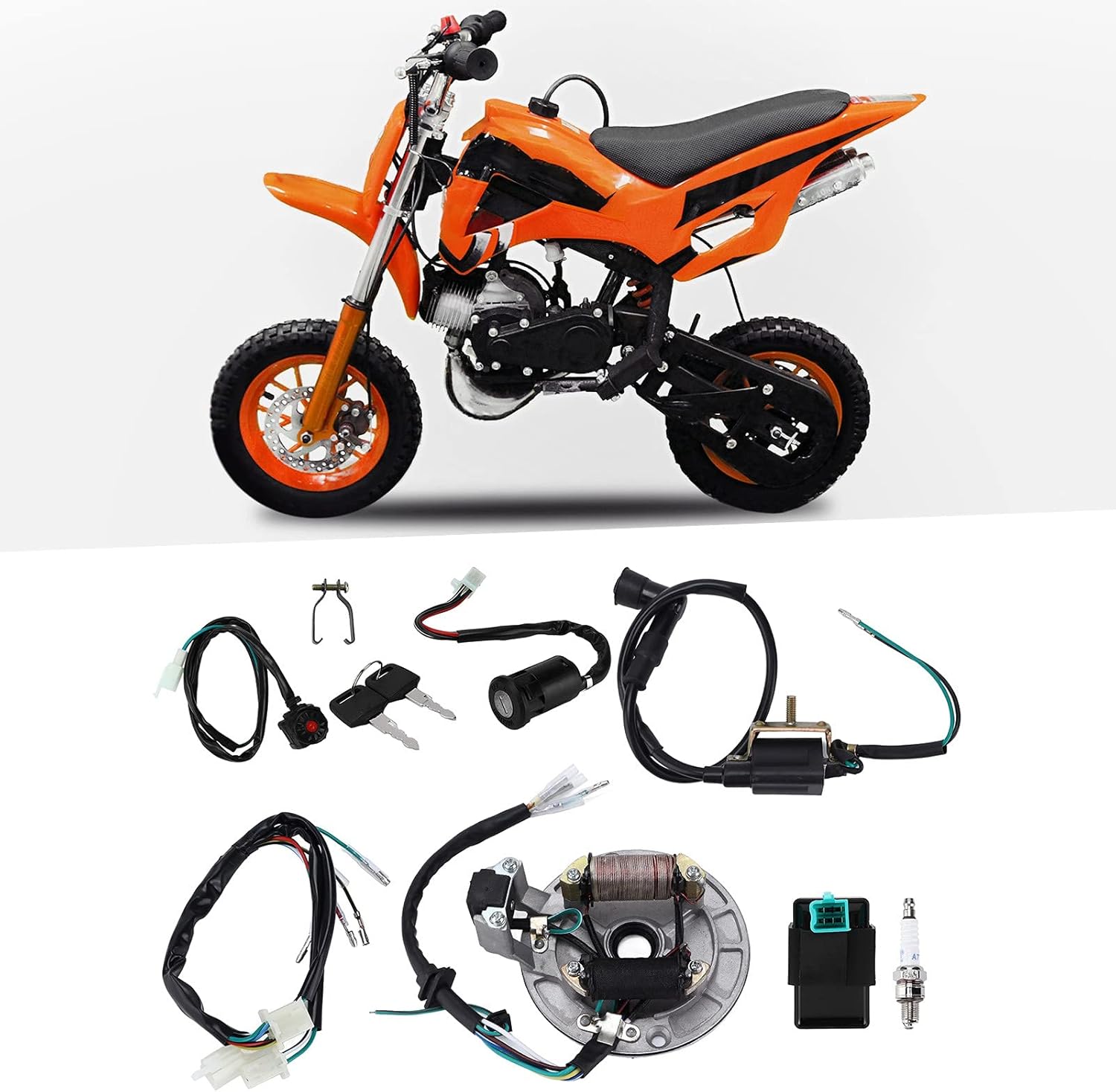 Ignition Coil CDI Spark Plug Wire Harness Magneto Stator Kit, Complete Ignition System for 50cc - 140cc Kick Start Dirt Pit Bike ATV, Replacement for XRCRF 50&70 SDG SSR 110 CT70 S