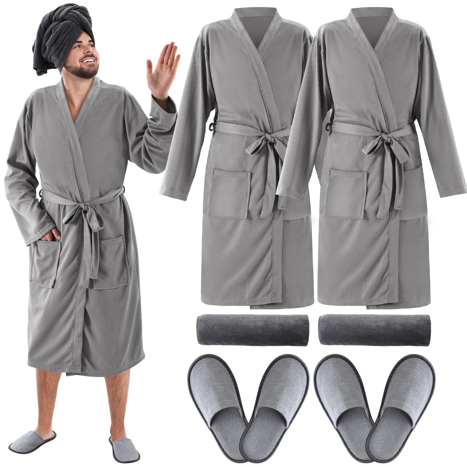 Handepo Set di 6 accappatoi da bagno a nido d'ape, leggeri, con pantofole, asciugamani per capelli, accappatoi in maglia per lui e per lei