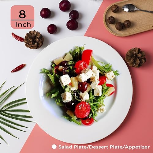 Miniatura 2 de Juego de 6 platos de postre de porcelana blanca WPSLNWO de 8 pulgadas, plato de aperitivo, plato blanco pequeño, juego de vajilla, adecuado para