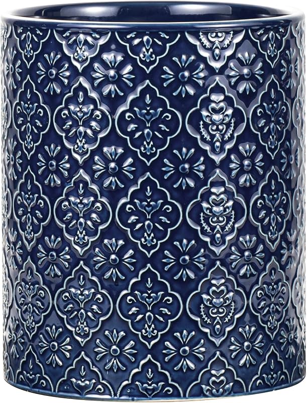 Soporte para utensilios de cocina, soporte grande para utensilios de cerámica de 6x7 pulgadas con patrón en relieve, vasijas para utensilios de cocina para encimera de cocina, decoración del hogar, azul
