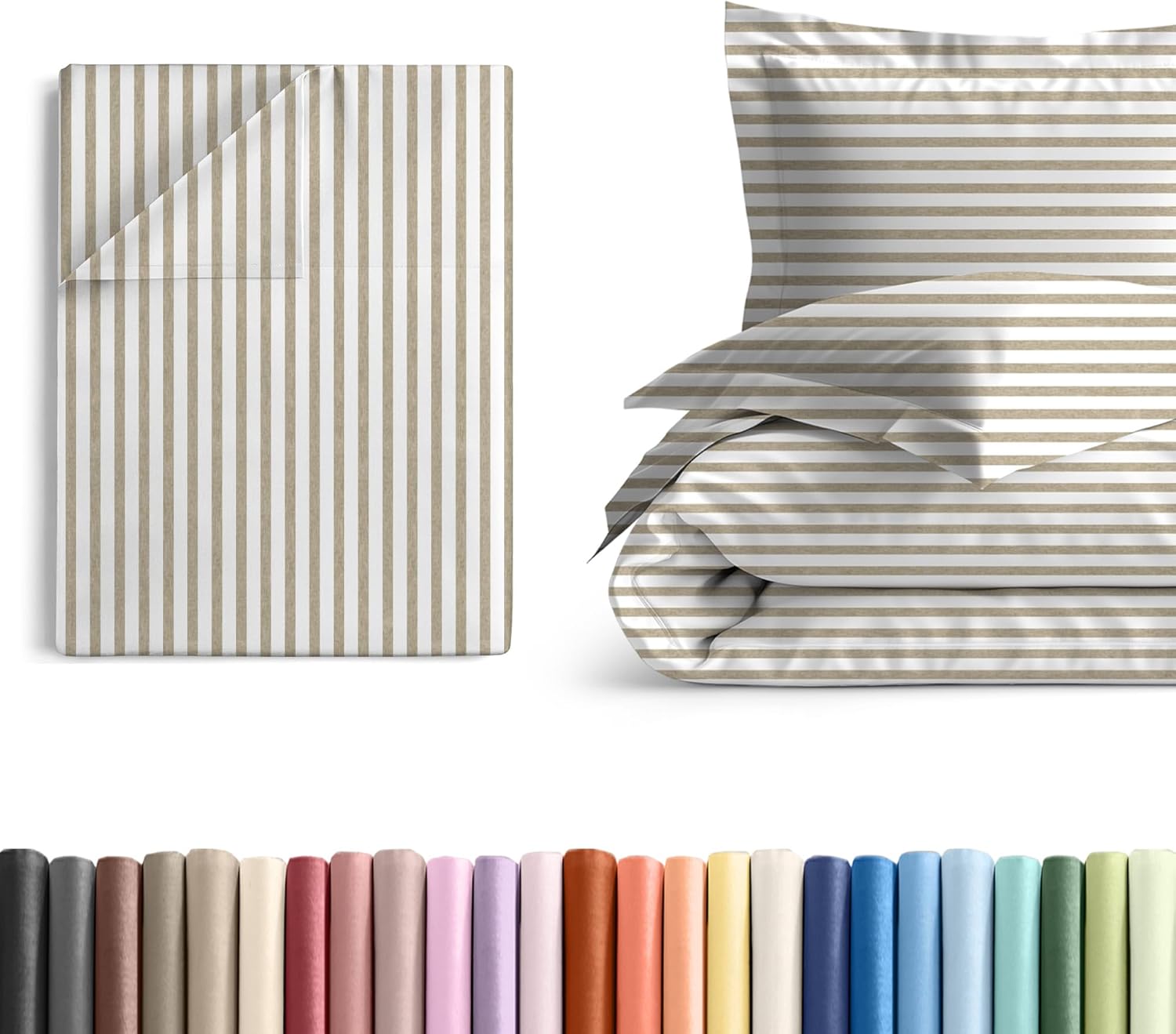 Twin Size Flat Bed Sheet + Duvet Cover Bundle - Hotel Luxury Single Flat Bottom Sheet Only - Fits Mattresses w/ Deep Pockets between 8 to 16 inches - Soft, Breathable & Wrinkle Free - Beige Stripes