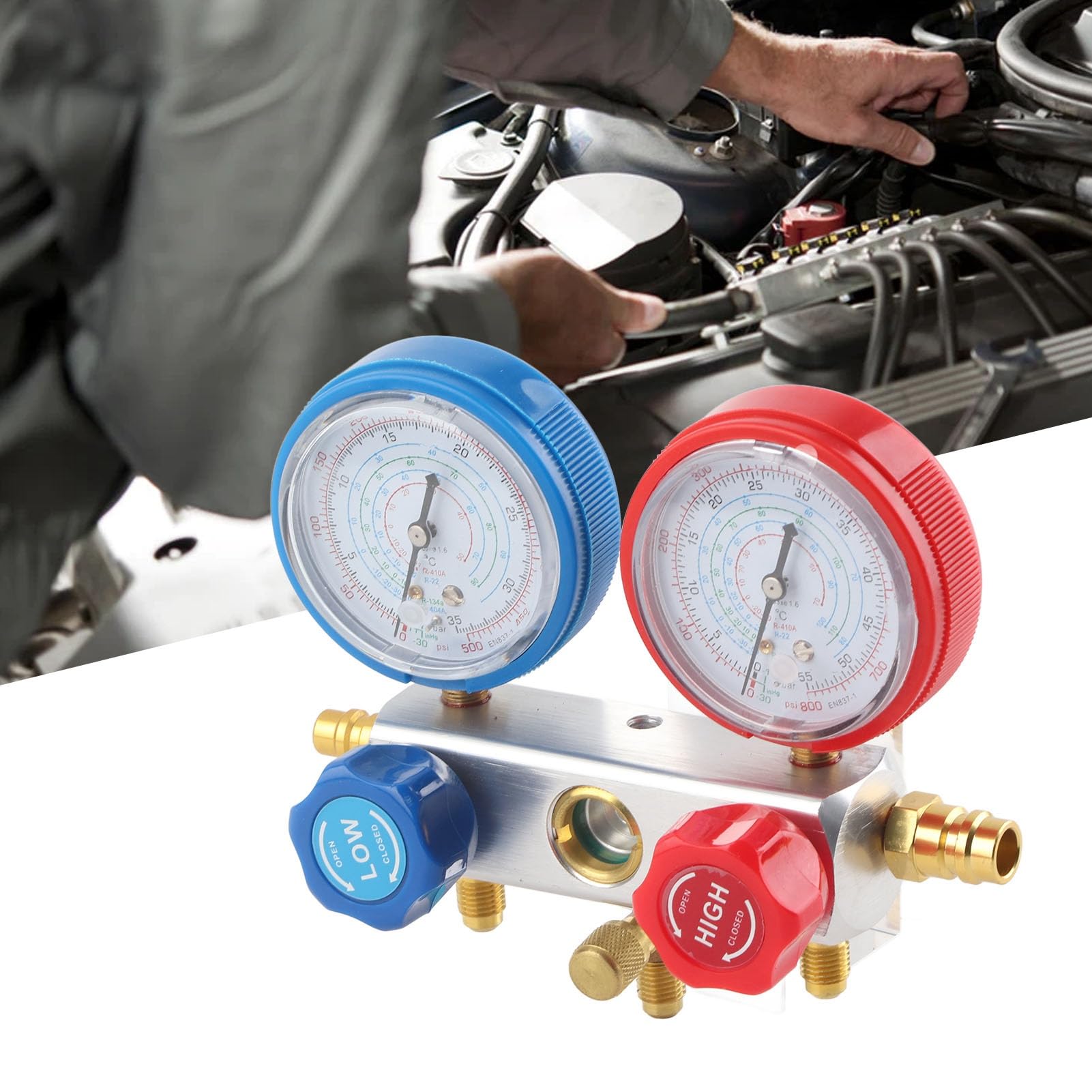 3-Wege-AC-Diagnose-Verteiler-Messgerät-Set, Kältemittel-Ladewerkzeug-Set für R410A R22 R404, professionelles HVAC-Messgerät-Set mit 3 Füllschläuchen, eingebauter Kugelhahn für