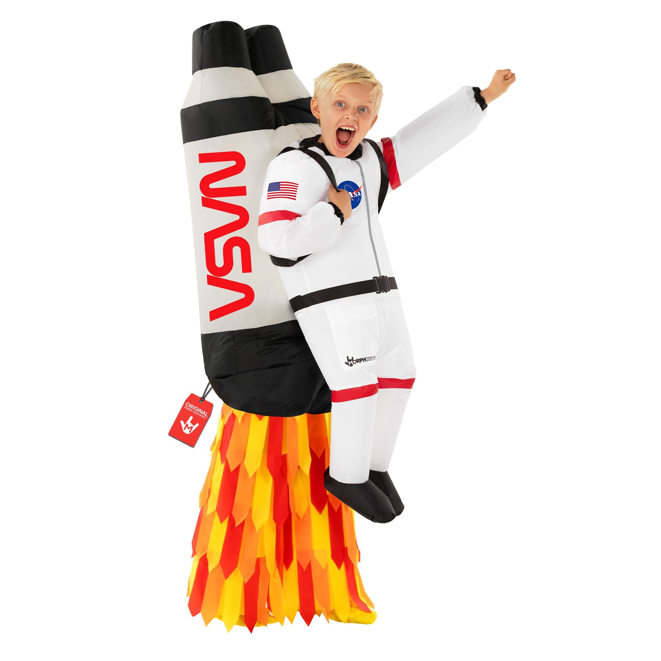 Morph Raketen Kostüm Kinder – Astronautenkostüm mit aufblasbarem Jetpack für Karneval, Fasching, Halloween – Rakete Verkleidung Jungen Mädchen – Einheitsgröße