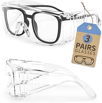 LANON 3 Pack Safety Glasses Over Eyeglasses,ANSI Z87.1 Standard,Anti-Fog &amp; Scratch,Peripheral Protection, High Transmission,Anti-UV,Wrap Around Clear Safety Goggles
