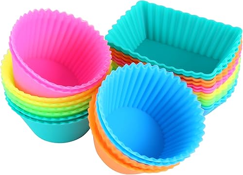 IPOW Juego de 24 moldes de silicona para hornear cupcakes, reutilizables, de grado alimenticio, sin BPA, antiadherentes, 2 formas, rectángulo redondo