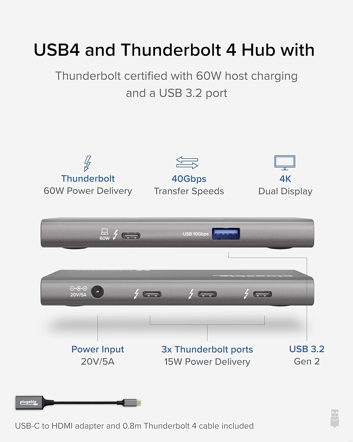 Plugable USB4 Hub Bundle Includes USB-C to 4K HDMI Adapter and 7-in-1 Multiport Adapter, Single 8K or Dual 4K Display, 60W Charging, Compatible with Thunderbolt 4/3 Macs and Thunderbolt 4 Windows