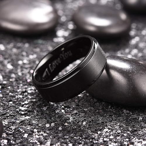 Miniatura 2 de King Will - Anillo de acero inoxidable de , , , , , , pulgadas, acabado mate chapado en plata y borde biselado pulido con grabado láser I love you