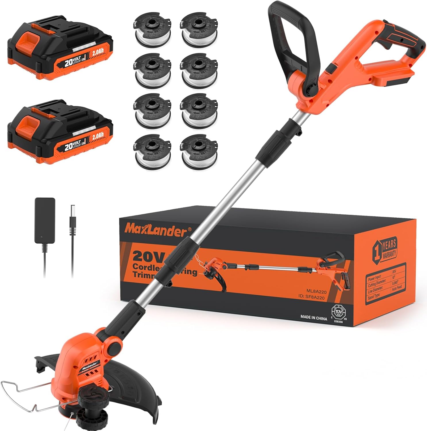 MAXLANDER Weed Wacker Cordless, 20V 12 Inch Cordless String Trimmer Edger, Weed Wacker Battery Operated with 8 PCS Replacement Spools, Lightweight Weed Trimmer, 2x2.0Ah Battery & Charger Included