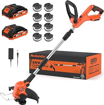 MAXLANDER Weed Wacker Cordless, 20V 12 Inch Cordless String Trimmer Edger, Weed Wacker Battery Operated with 8 PCS Replacement Spools, Lightweight Weed Trimmer, 2x2.0Ah Battery & Charger Included