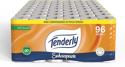 Tenderly Salvaspazio, 90 Rotoli di Carta Igienica, 2 Veli, 220* Strappi per Rotolo, con Estratti Naturali di Malva e Calendula, Made in Italy, Dermatologicamente Testato