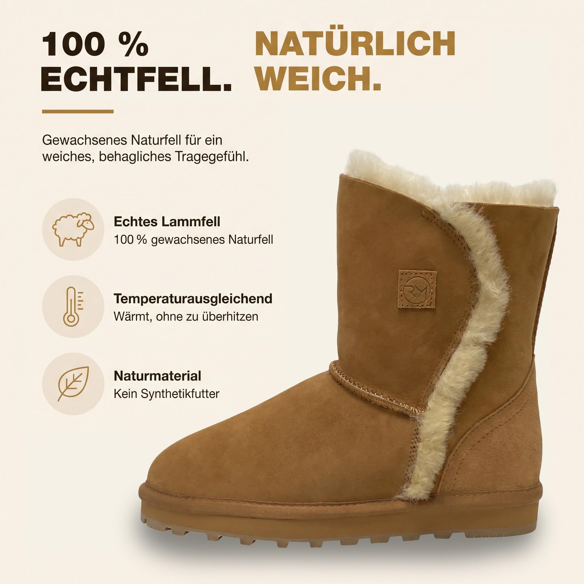 Rohn Moden Helsinki Lammfell Boots Damen – Stiefel Lammfell gefüttert & Winterstiefel aus 100% echtem Lammfell, warm und atmungsaktiv – Lammfell Stiefel Damen – leichte EVA-Gummisohle