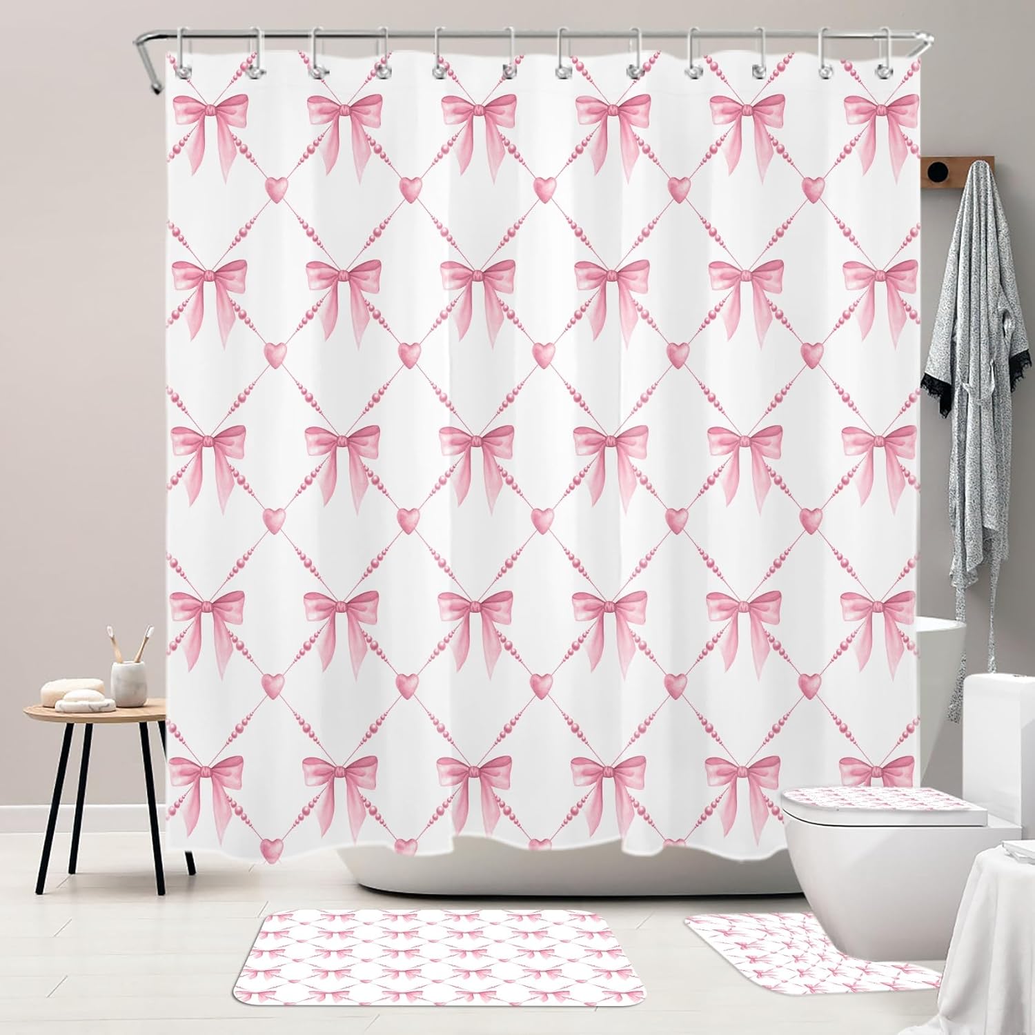 4 Pcs Pink Bow Shower Curtain Set Coquette Bathroom Accessories with Bow Knot Design Girly Shower Curtain with Towels Bath Mat Toilet Rug with 12 Hooks, 72x72 Inch